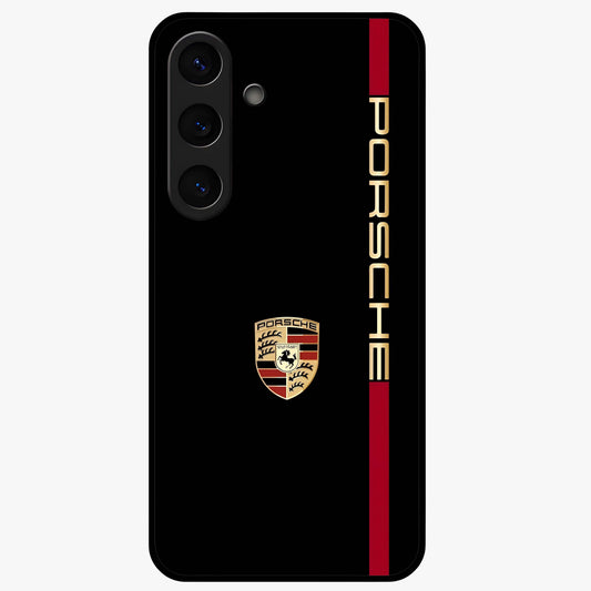 Black Minimal Porsche Glass Case showing flat back view with sleek minimal sports car artwork and glossy glass finish.
