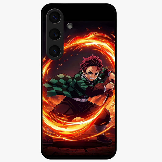 Blazing Sword Resolve Glass Case showing flat back view with fiery sword artwork and glossy glass finish.