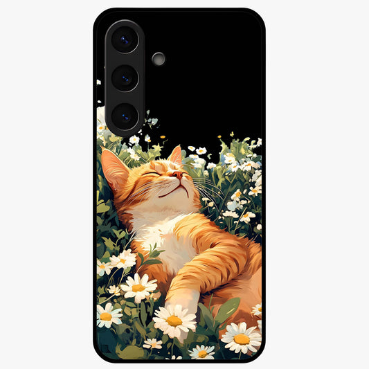 Blissful Bloom Cat Glass Case showing flat back view with cute cat and floral bloom artwork and glossy glass finish.
