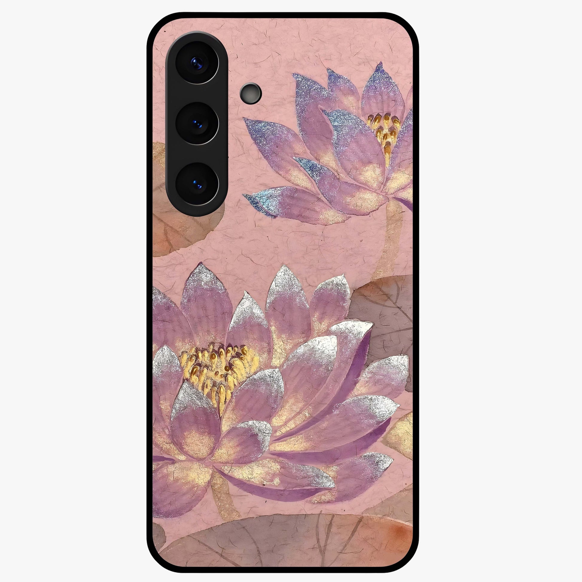 Blossom Mist Lotus Glass Case showing flat back view with serene lotus blossom artwork and glossy glass finish.