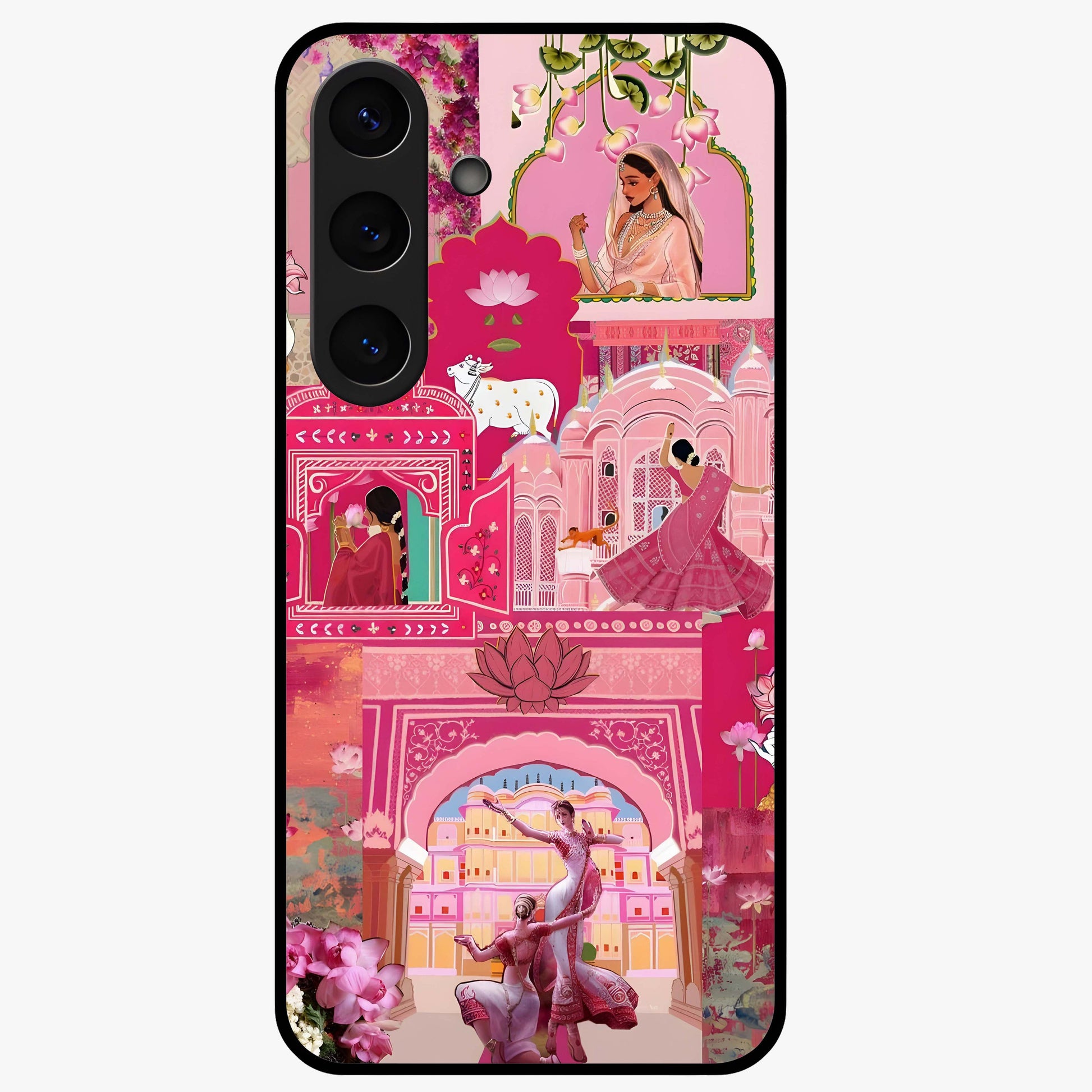 Blossoms of Rajasthan Glass Case showing flat back view with traditional floral artwork inspired by Rajasthan and glossy glass finish.