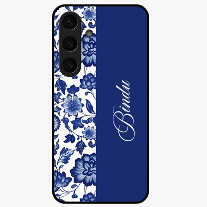 Blue Vintage Floral Pattern Glass Case upright view showcasing timeless floral illustration with vintage inspired style.