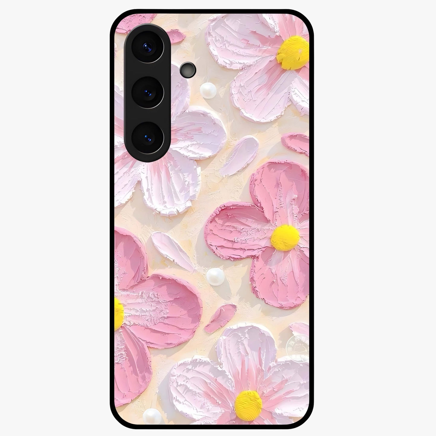 Blush Bloom Texture Glass Case showing flat back view with soft blush floral texture artwork and glossy glass finish.
