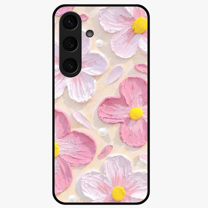 Blush Bloom Texture Glass Case showing flat back view with soft blush floral texture artwork and glossy glass finish.