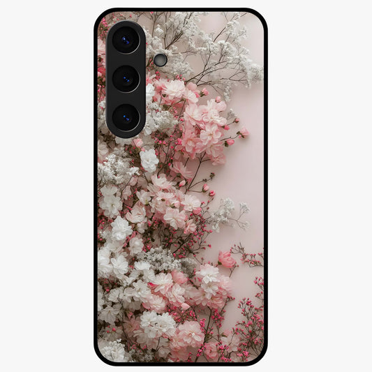 Blush Blossom Cloud Glass Case showing flat back view with dreamy blush cloud blossom artwork and glossy glass finish.