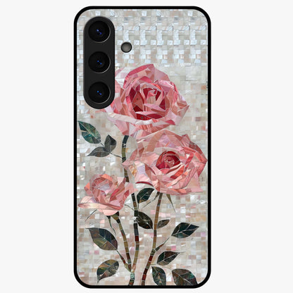 Blush Mosaic Bloom Glass Case showing flat back view with mosaic floral bloom artwork and glossy glass finish.