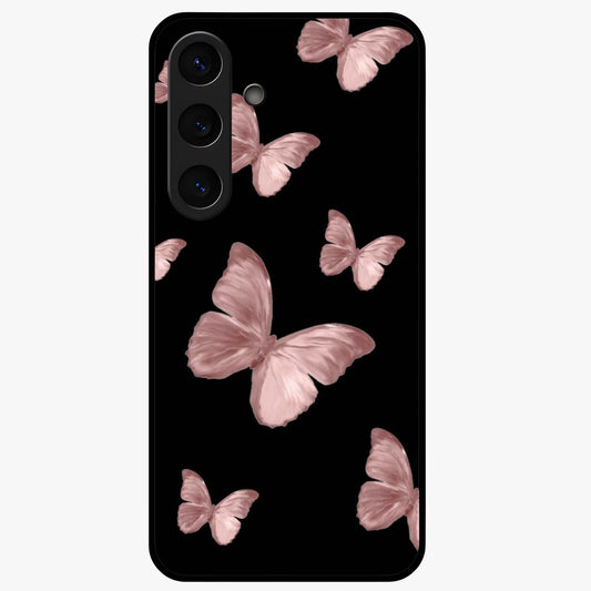 Butterfly Pattern Glass Case showing flat back view with elegant butterfly pattern artwork and glossy glass finish.
