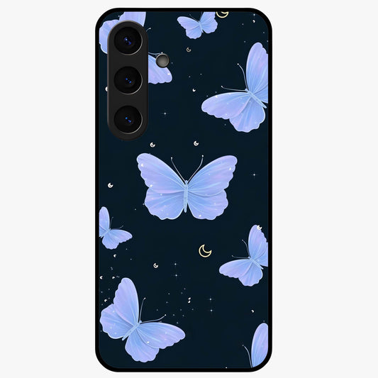 Butterfly With Stars Pattern Glass Case showing flat back view with butterfly and star pattern artwork and glossy glass finish.