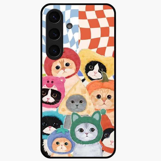 Cats in Fruits Glass Case showing flat back view with playful cat illustrations inside fruit artwork and glossy glass finish.