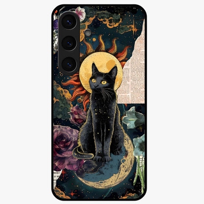 Celestial Black Cat Glass Case showing flat back view with mystical black cat artwork and glossy glass finish.