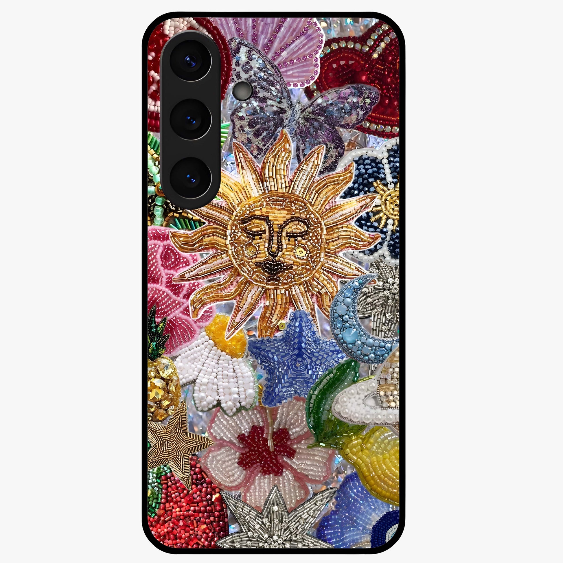 Celestial Floral and Playful Glass Case showing flat back view with floral and celestial themed artwork and glossy glass finish.