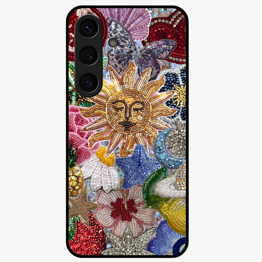 Celestial Floral and Playful Glass Case showing flat back view with floral and celestial themed artwork and glossy glass finish.