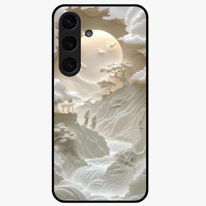 Celestial Origami Glass Case showing flat back view with artistic origami inspired celestial artwork and glossy glass finish.