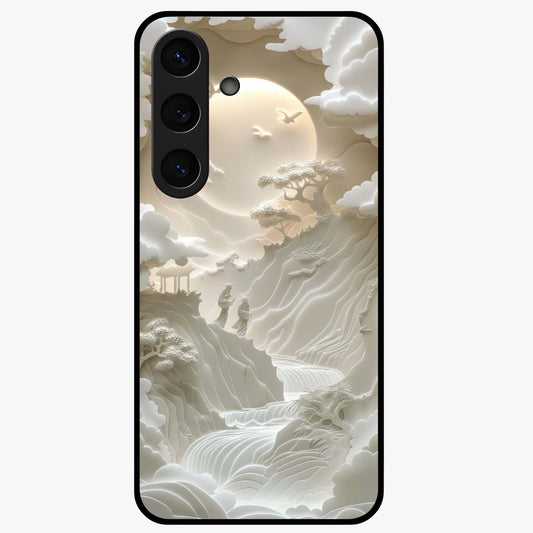 Celestial Origami Glass Case showing flat back view with artistic origami inspired celestial artwork and glossy glass finish.