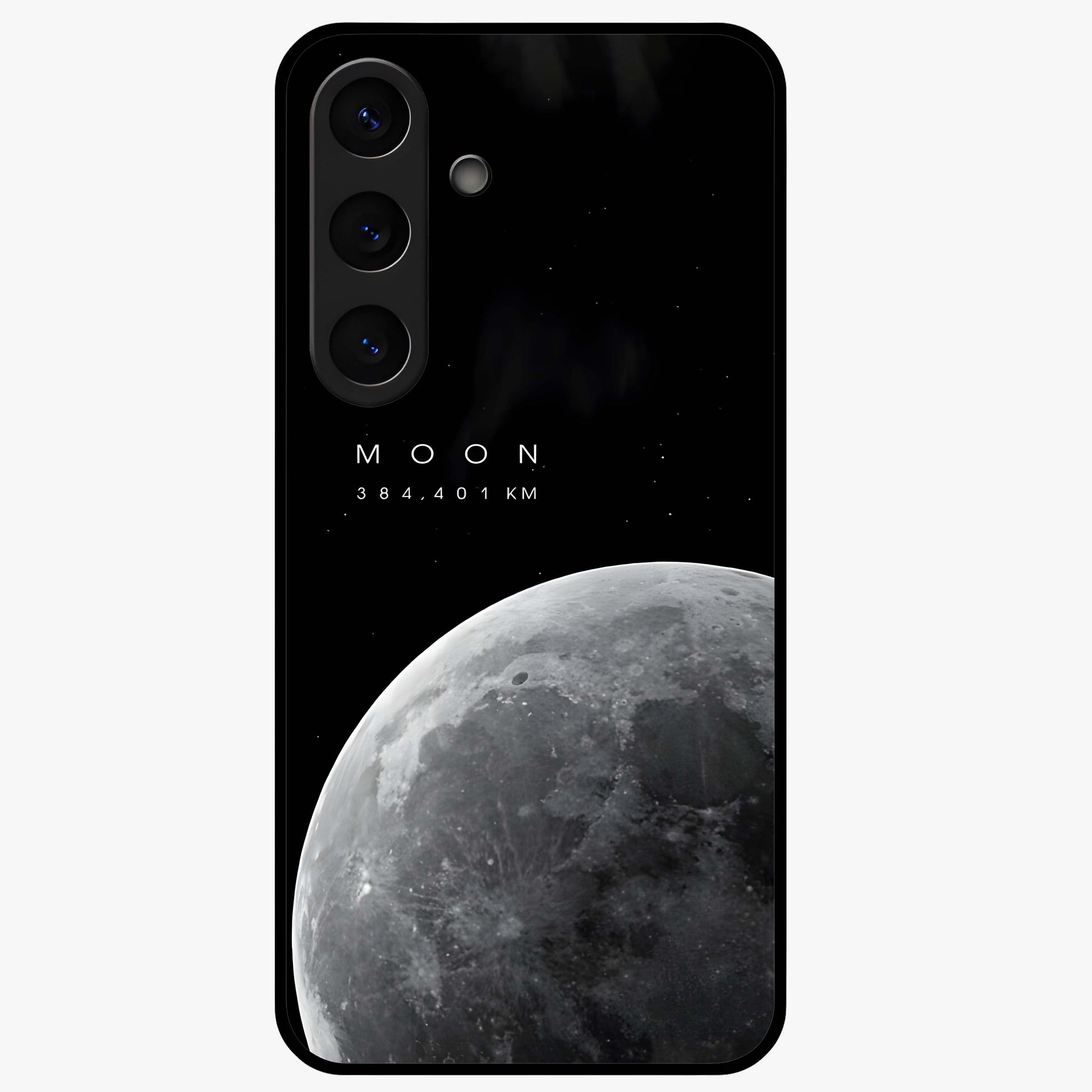 Cosmic Moon Glow Glass Case showing flat back view with glowing moon artwork and glossy glass finish.