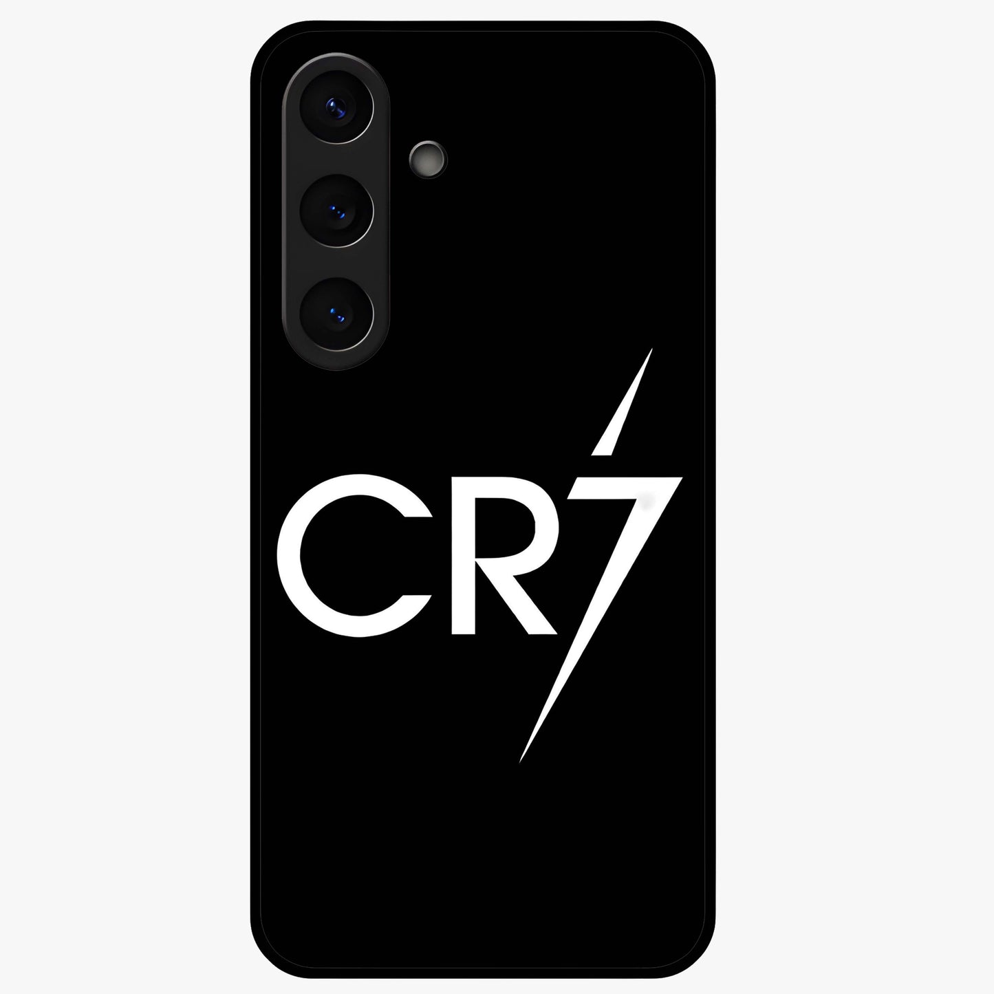 Cr7 Elite Strike Glass Case showing flat back view with dynamic football inspired artwork and glossy glass finish.