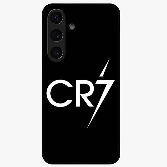 Cr7 Elite Strike Glass Case showing flat back view with dynamic football inspired artwork and glossy glass finish.