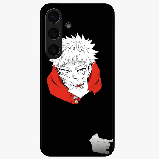 Crimson Chaos Smile Glass Case showing flat back view with bold chaotic smile artwork and glossy glass finish.