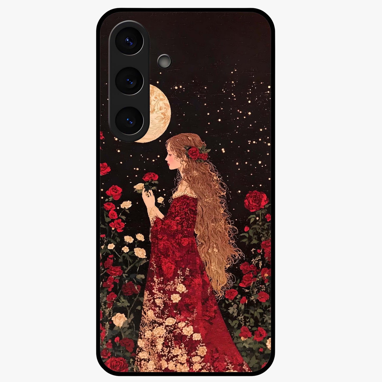 Crimson Dreams Glass Case showing flat back view with dreamy crimson artwork and glossy glass finish.