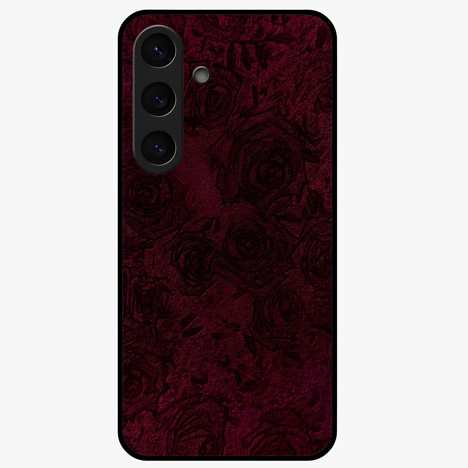 Crimson Fade Flow Glass Case showing flat back view with flowing crimson gradient artwork and glossy glass finish.