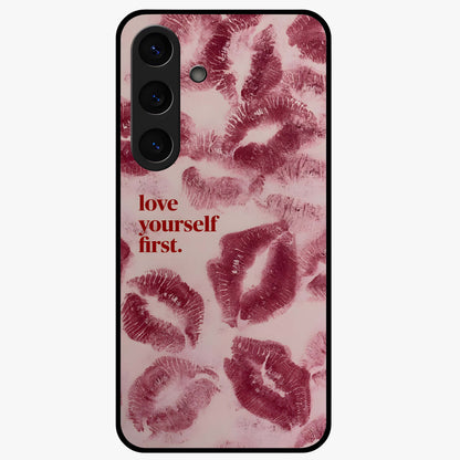 Crimson Kiss Love Glass Case showing flat back view with romantic crimson themed artwork and glossy glass finish.