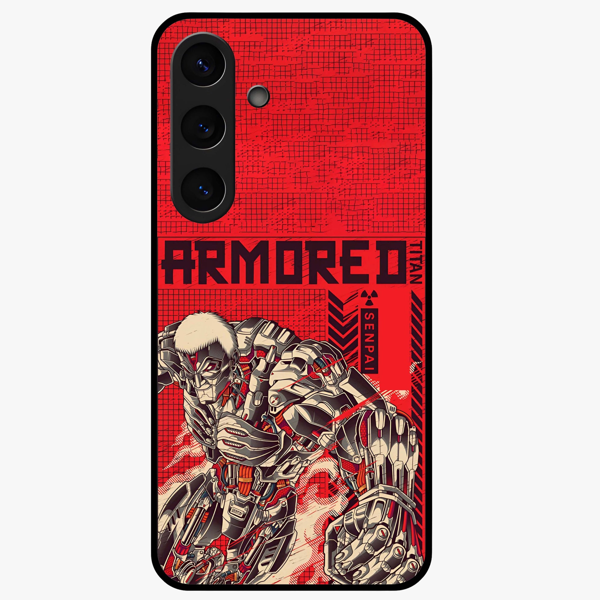 Crimson Mecha Titan Glass Case showing flat back view with powerful mech titan artwork and glossy glass finish.