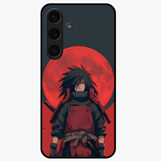 Crimson Moon Warlord Glass Case showing flat back view with mystical moon warrior artwork and glossy glass finish.