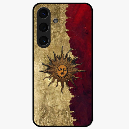 Crimson Sun Majesty Glass Case showing flat back view with radiant sun inspired artwork and glossy glass finish.