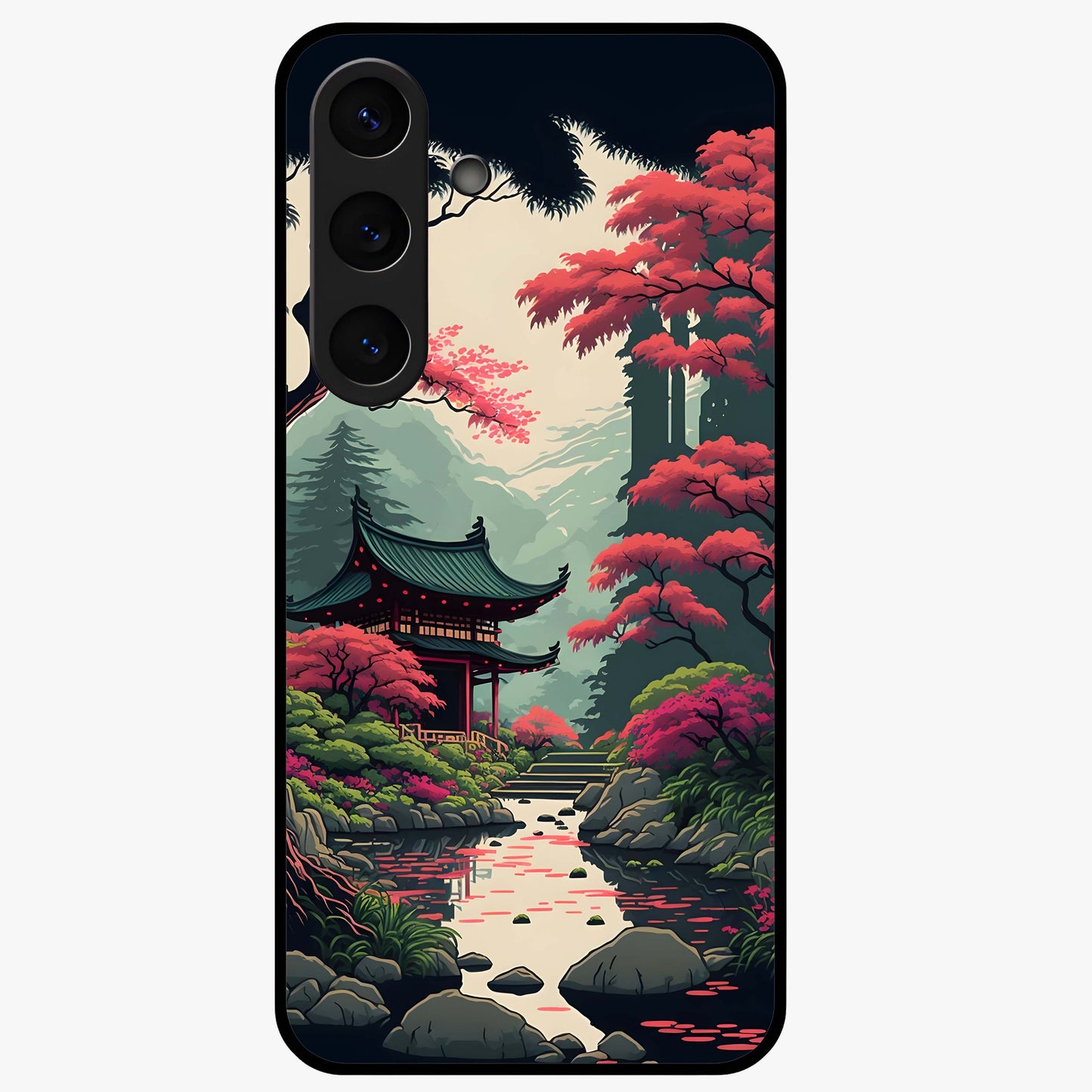 Crimson Temple View Glass Case showing flat back view with temple inspired artwork and glossy glass finish.