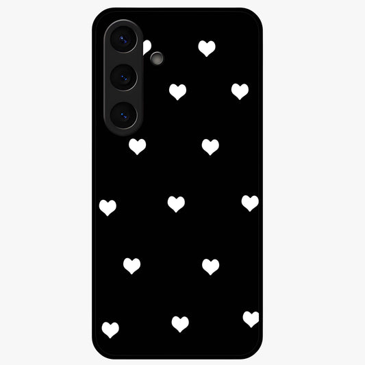 Cute And Simple White Hearts Glass Case showing flat back view with minimal white heart pattern and glossy glass finish.