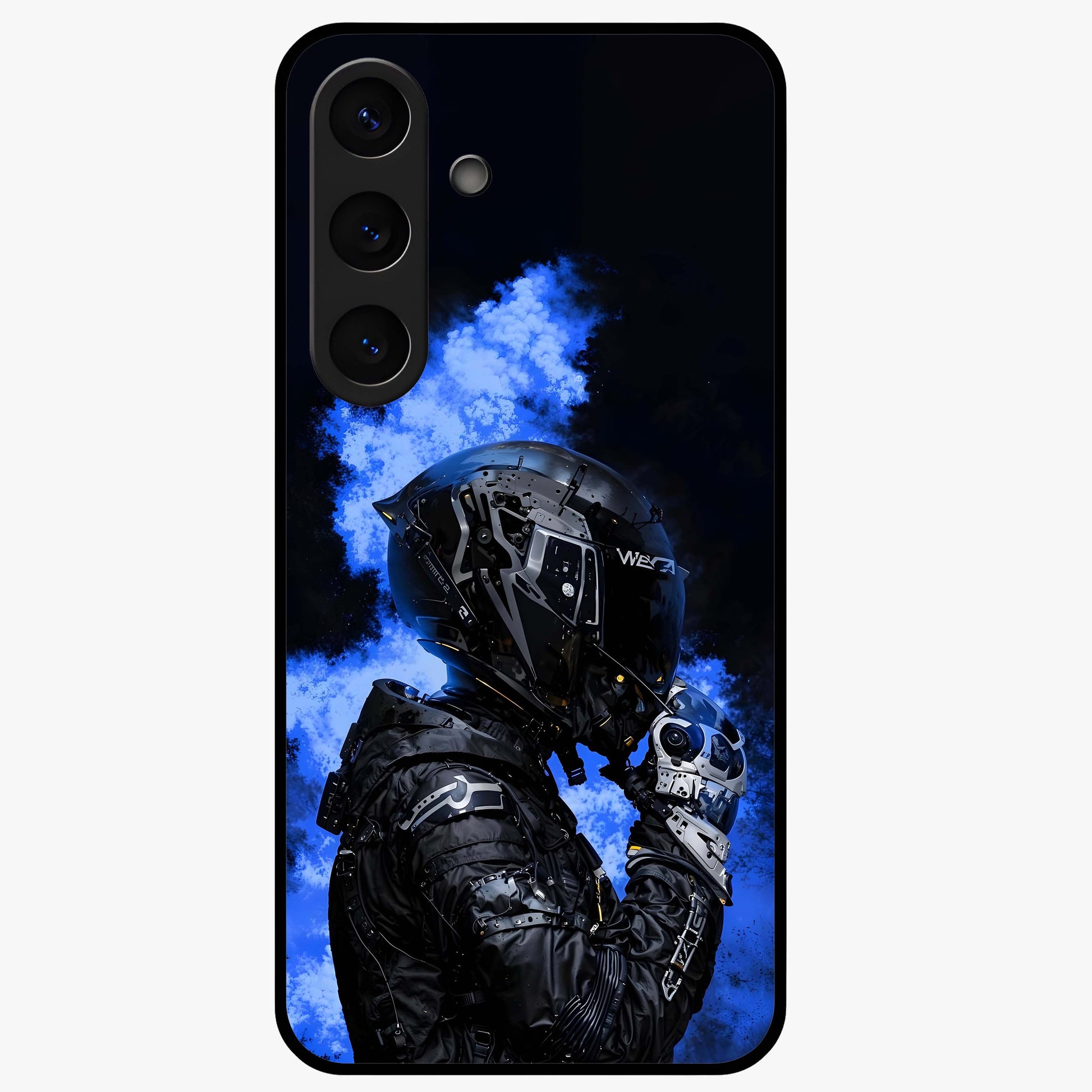 Cyber Sentinel Protocol Glass Case showing flat back view with futuristic cyber themed artwork and glossy glass finish.