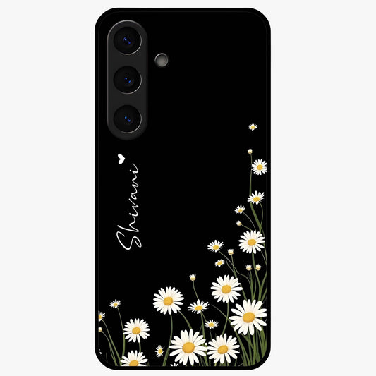 Daisy Cascade Custom Name Glass Case showing flat back view with cascading daisy flowers and personalized name design.
