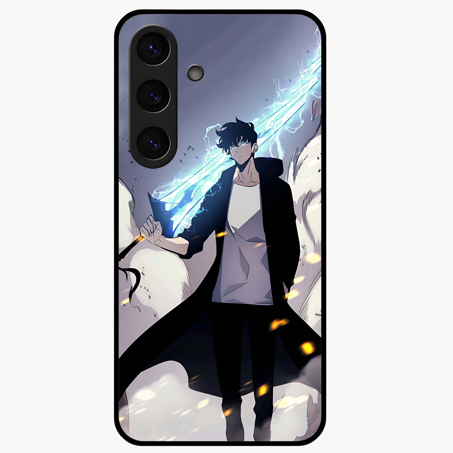 Dark Lightning Anime Warrior Glass Case showing flat back view with intense anime warrior artwork and glossy glass finish.