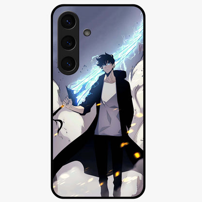 Dark Lightning Anime Warrior Glass Case showing flat back view with intense anime warrior artwork and glossy glass finish.