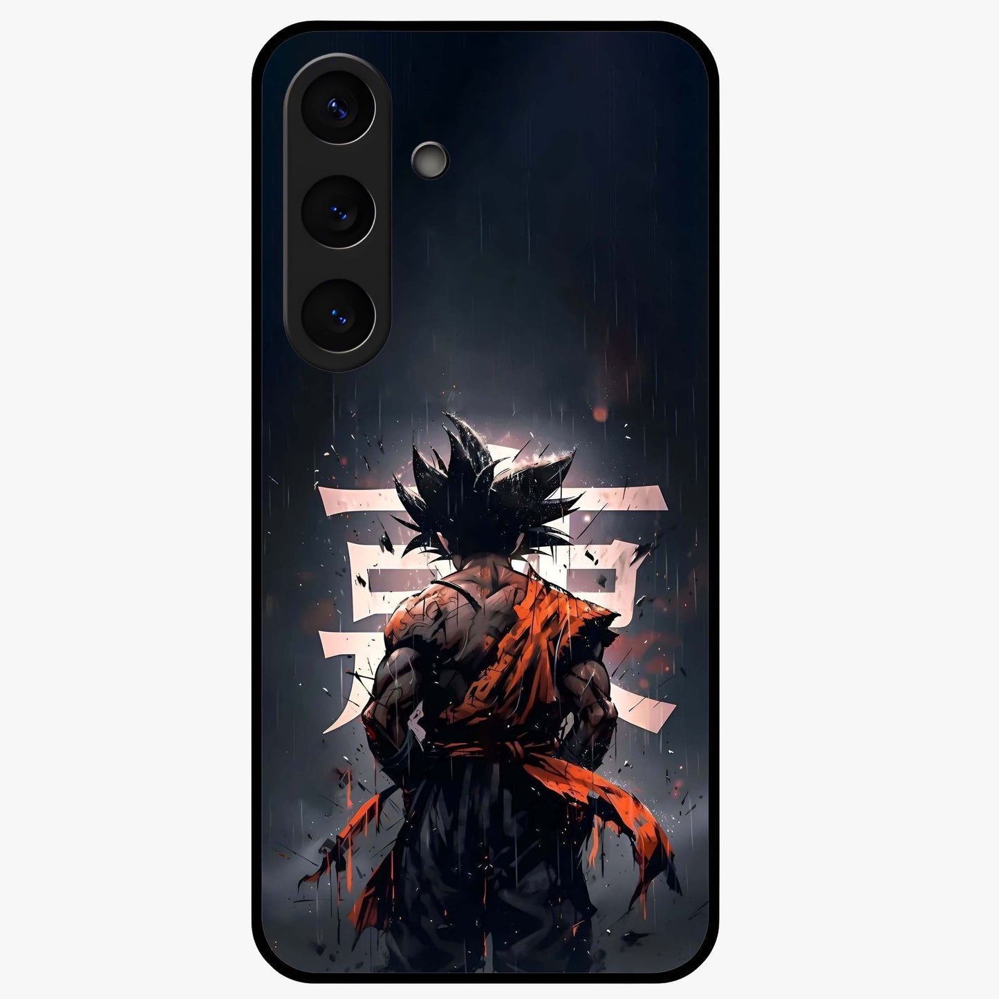Dark Warrior In Rain Glass Case showing flat back view with warrior artwork in rainy atmosphere and glossy glass finish.