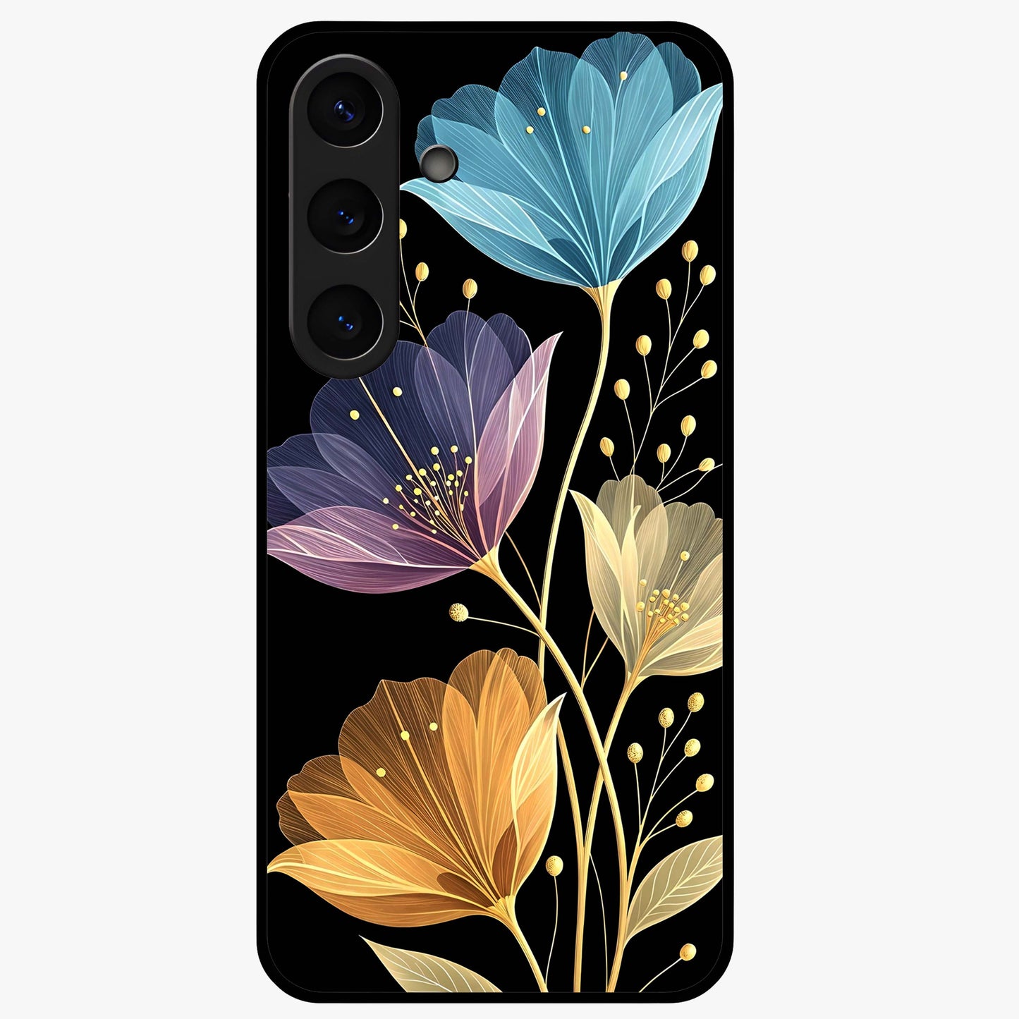 Delicate Multicolor Flowers Glass Case showing flat back view with vibrant floral artwork and glossy glass finish.