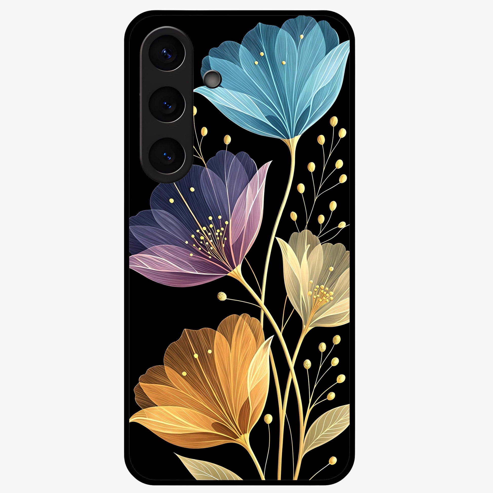 Delicate Multicolor Flowers Glass Case showing flat back view with vibrant floral artwork and glossy glass finish.