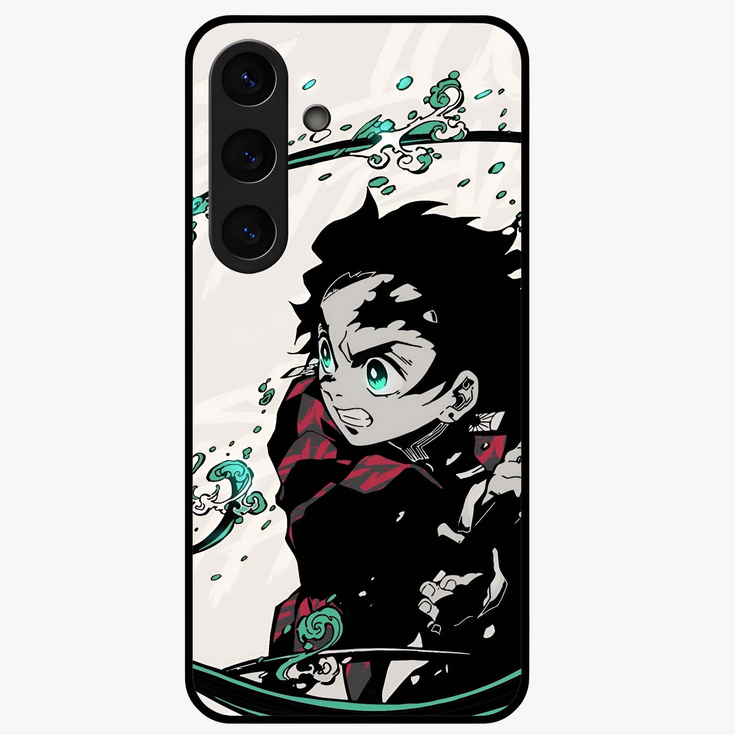 Demon Slayer Glass Case showing flat back view with bold anime inspired artwork and glossy glass finish.