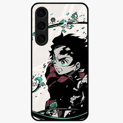 Demon Slayer Glass Case showing flat back view with bold anime inspired artwork and glossy glass finish.