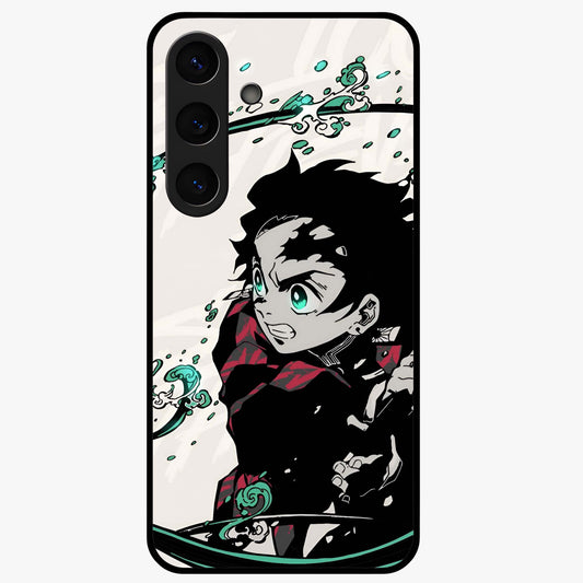 Demon Slayer Glass Case showing flat back view with bold anime inspired artwork and glossy glass finish.
