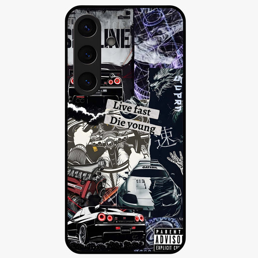 Die Young Glass Case showing flat back view with bold artistic typography design and glossy glass finish.