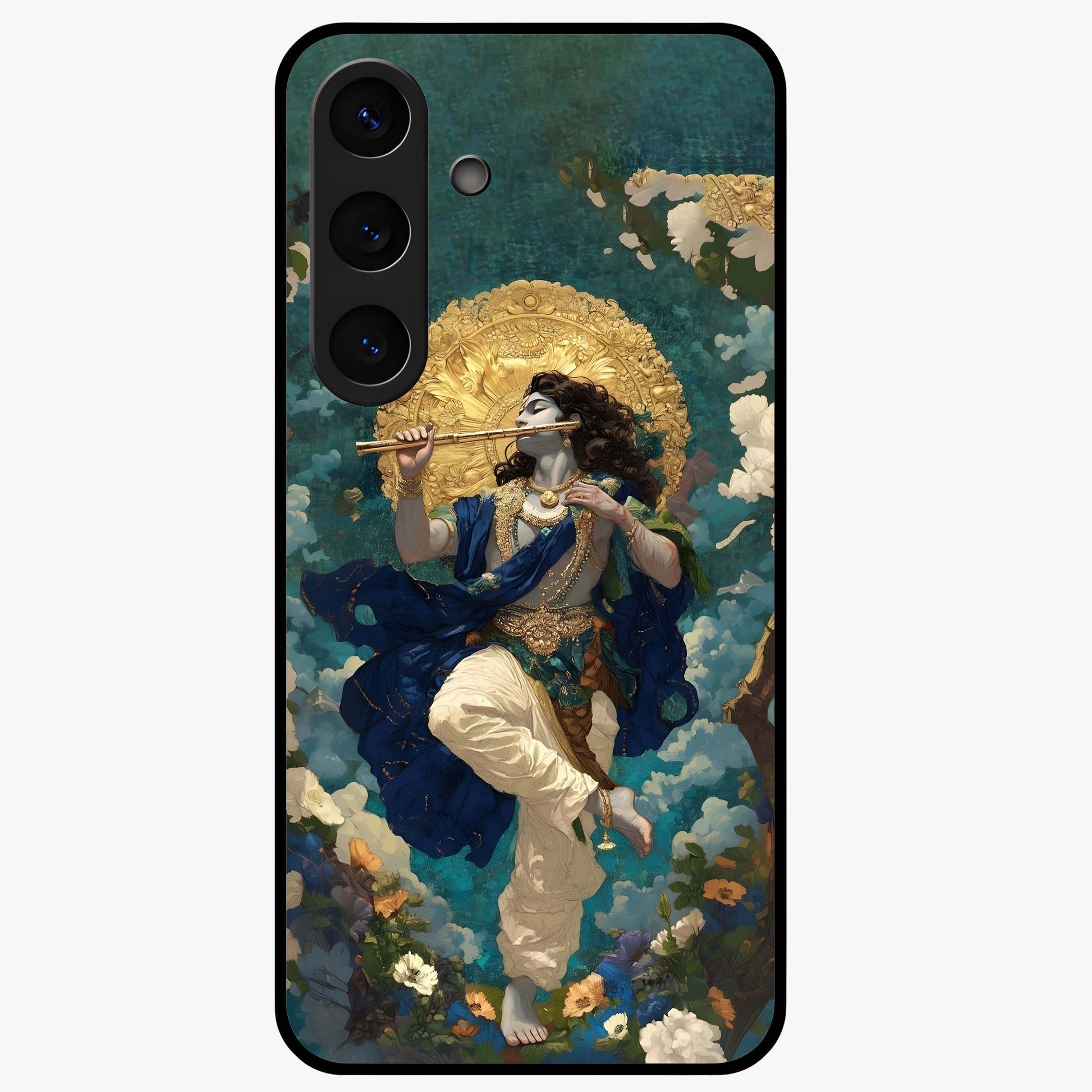 Divine Krishna Art Glass Case showing flat back view with Lord Krishna artwork and glossy glass finish.