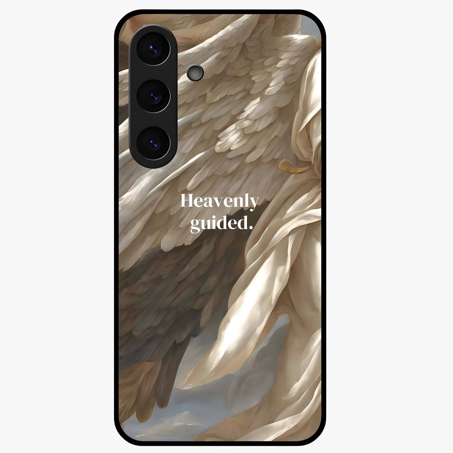 Divine Winged Grace Glass Case showing flat back view with elegant wing inspired artwork and glossy glass finish.