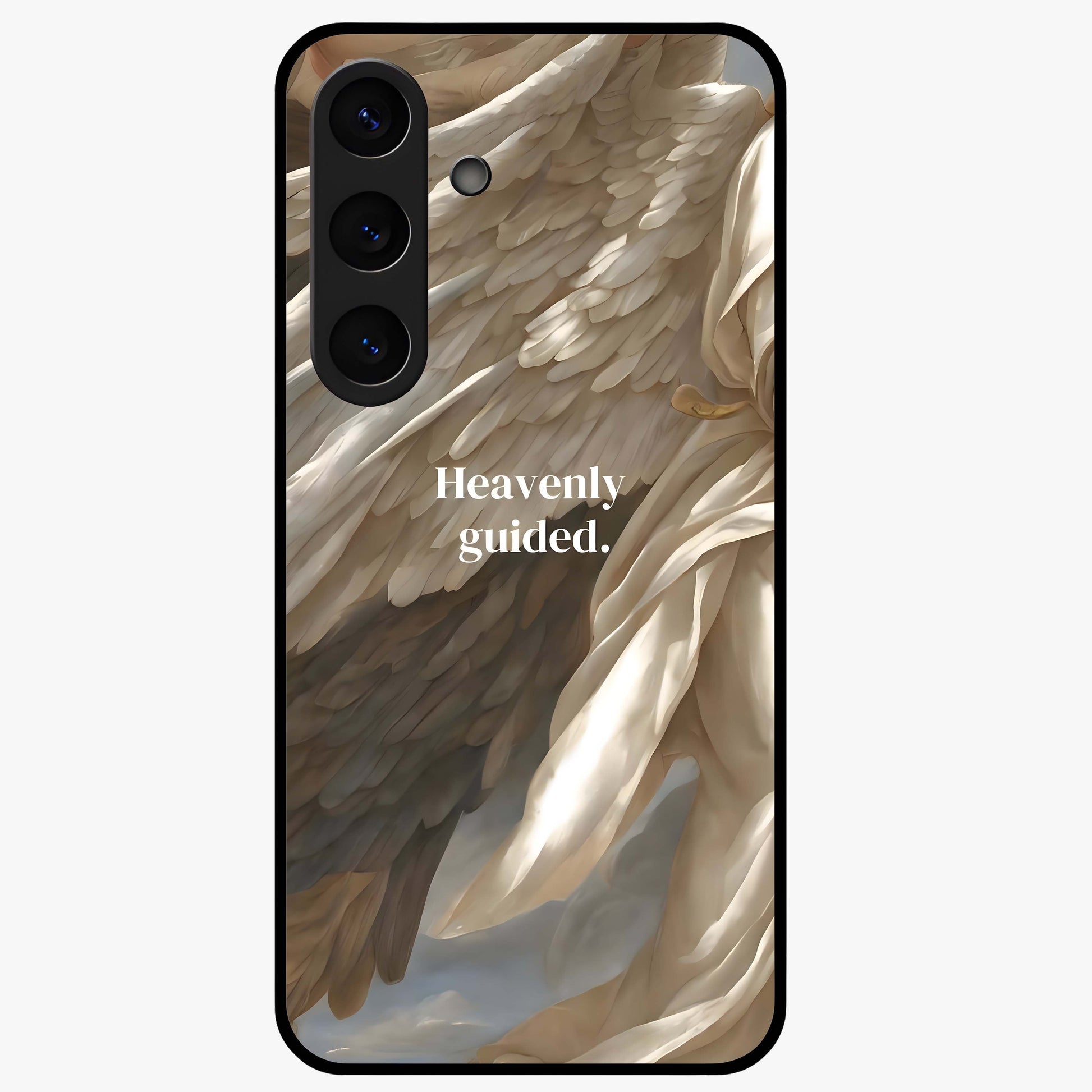 Divine Winged Grace Glass Case showing flat back view with elegant wing inspired artwork and glossy glass finish.