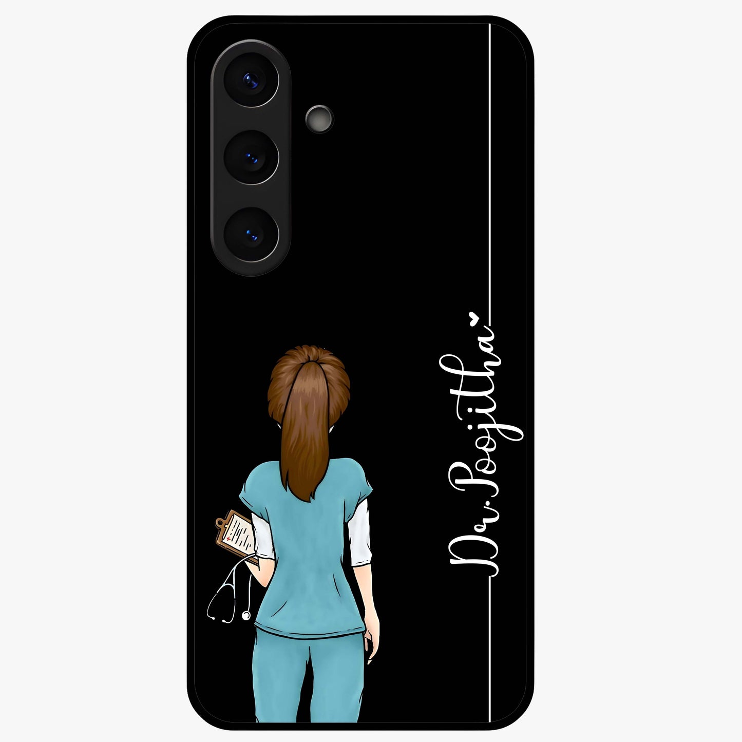 Doctor Pattern Custom Name Glass Case showing flat back view with medical themed pattern and personalized name design.