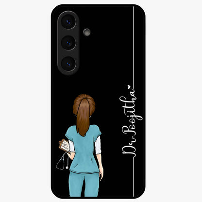 Doctor Pattern Custom Name Glass Case showing flat back view with medical themed pattern and personalized name design.
