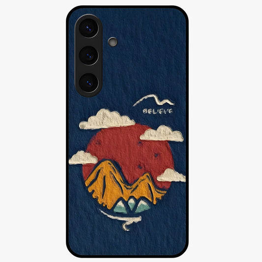 Dream Beyond Mountains Glass Case showing flat back view with scenic mountain landscape artwork and glossy glass finish.
