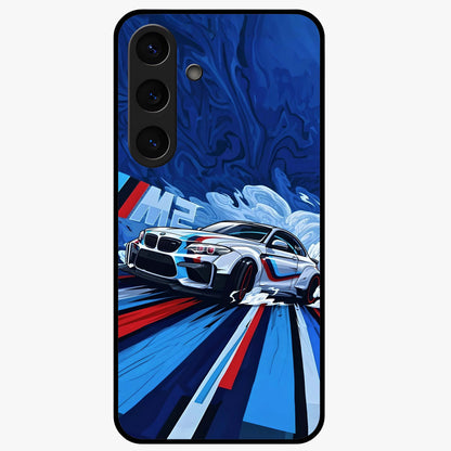 Drift Power Rush Glass Case showing flat back view with dynamic racing inspired artwork and glossy glass finish.