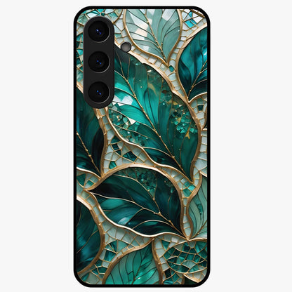 Emerald Leaf Glass Glass Case showing flat back view with emerald green leaf artwork and glossy glass finish.