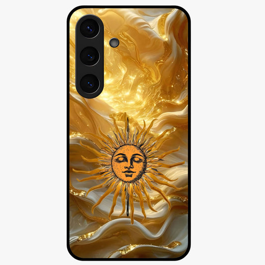 Eternal Golden Glow Glass Case showing flat back view with radiant golden themed artwork and glossy glass finish.